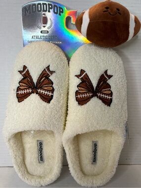 Moodpop Women Football Bow Cream Brown Memory Foam Slippers & Keychain XL 11 New
